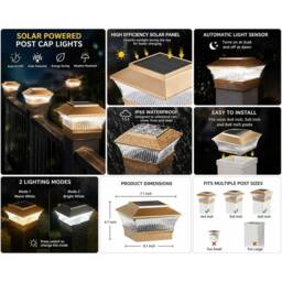 FLAVORA 2 x Solar Powered White LED Outdoor Post Deck Cap Square Fence Lights in Gold - thumbnail 2