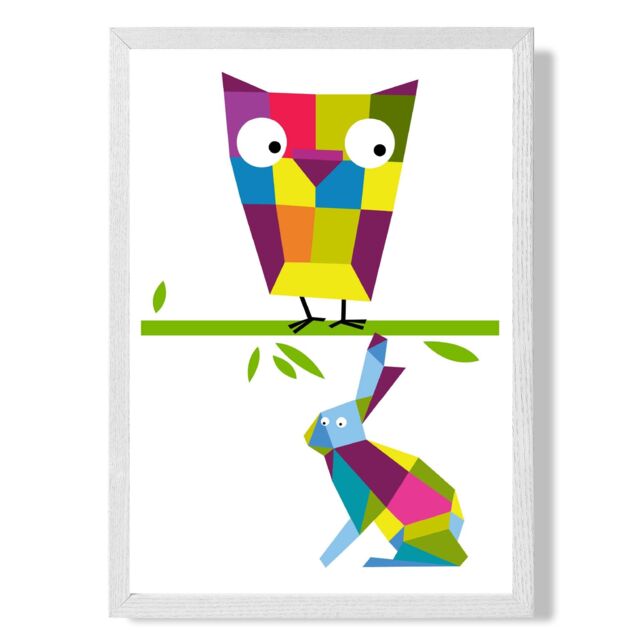 ARTZE Owl Bright Geometric Animal Framed Print SIZE: A3 with White Frame - Size: A4 - image 1