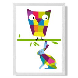 ARTZE Owl Bright Geometric Animal Framed Print SIZE: A3 with White Frame - Size: A4 - thumbnail 1