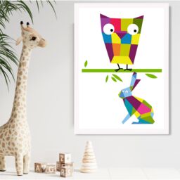 ARTZE Owl Bright Geometric Animal Framed Print SIZE: A3 with White Frame - Size: A4 - thumbnail 2