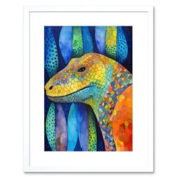 "Artery8 Wall Art Print Komodo Dragon Vibrant Folk Art Watercolour Painting Artwork Framed 9X7 Inch in White - Size: W7"" x H9""" - thumbnail 1