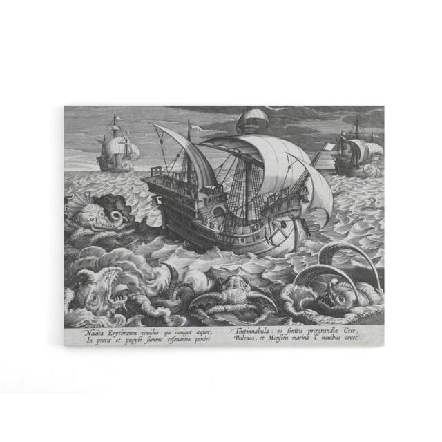 "Artery8 Collaert Sea Monsters Around A Ship Canvas Wall Art Print in Grey - Size: W18"" x H24""" - image 1