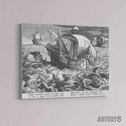 "Artery8 Collaert Sea Monsters Around A Ship Canvas Wall Art Print in Grey - Size: W18"" x H24""" - thumbnail 2