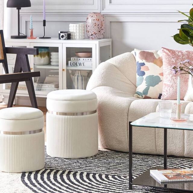 Wyld and Coco Off-White Velvet Pouffe Set of 2 with Metal Bands and Hidden Storage in White - image 1