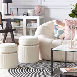Wyld and Coco Off-White Velvet Pouffe Set of 2 with Metal Bands and Hidden Storage in White - thumbnail 1