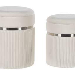 Wyld and Coco Off-White Velvet Pouffe Set of 2 with Metal Bands and Hidden Storage in White - thumbnail 2