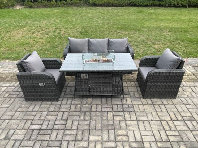 Fimous Garden Patio Furniture Wicker Rattan Gas Fire Pit Table & Chair set with 3 Seater Sofa Dark Grey Mixed - image 1