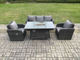 Fimous Garden Patio Furniture Wicker Rattan Gas Fire Pit Table & Chair set with 3 Seater Sofa Dark Grey Mixed - thumbnail 1
