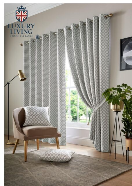 Luxury Living Two-Tone Jacquard Geometric Eyelet Lined Curtains in Silver - Size: 168 cm width x 137 cm drop - image 1