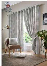 Luxury Living Two-Tone Jacquard Geometric Eyelet Lined Curtains in Silver - Size: 168 cm width x 137 cm drop - thumbnail 1
