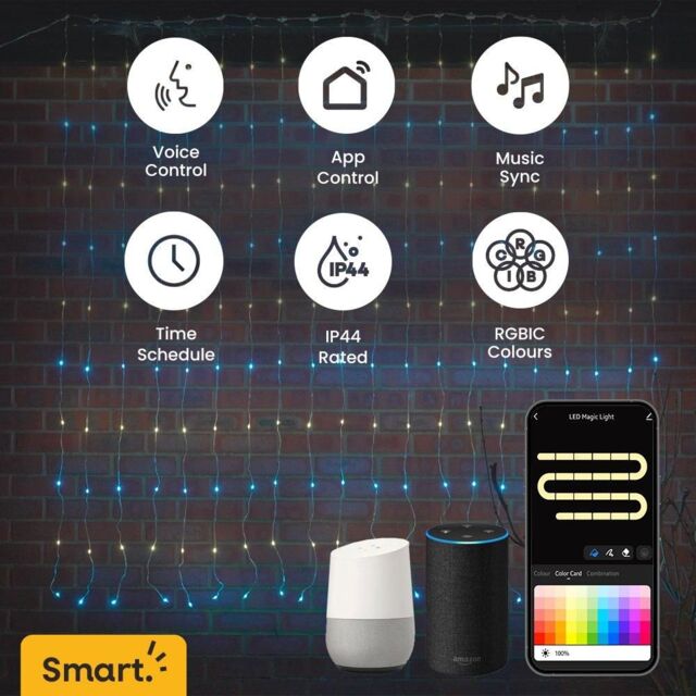 ValueLights 2M x 2M Smart Colour Changing RGBIC Neon Curtain String Lights With Music Sync & App - image 1