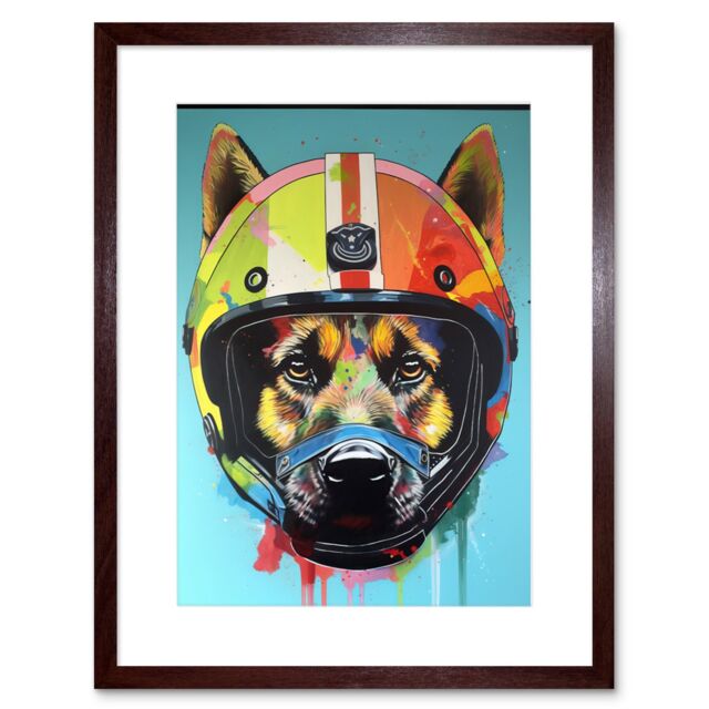 "Artery8 Wall Art Print German Shepherd Wearing Motorbike Helmet Pop Artwork Framed 9X7 Inch in Brown - Size: W7"" x H9""" - image 1