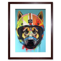 "Artery8 Wall Art Print German Shepherd Wearing Motorbike Helmet Pop Artwork Framed 9X7 Inch in Brown - Size: W7"" x H9""" - thumbnail 1