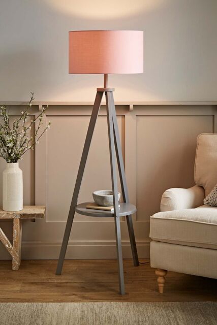ValueLights Morrigan Grey Wood Tripod Floor Lamp with Fabric Drum Lamp Shade in Pale Pink - image 1