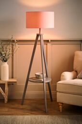 ValueLights Morrigan Grey Wood Tripod Floor Lamp with Fabric Drum Lamp Shade in Pale Pink - thumbnail 2