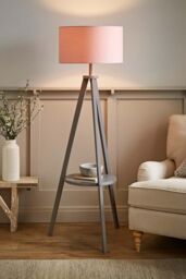 ValueLights Morrigan Grey Wood Tripod Floor Lamp with Fabric Drum Lamp Shade in Pale Pink