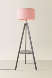 ValueLights Morrigan Grey Wood Tripod Floor Lamp with Fabric Drum Lamp Shade in Pale Pink - thumbnail 3