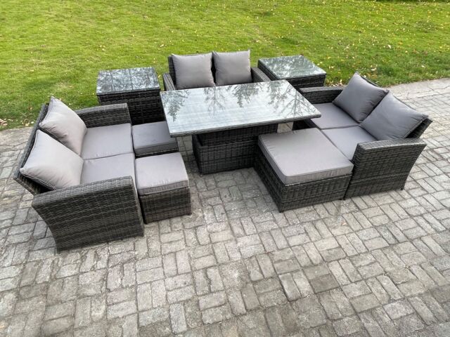 Fimous Wicker PE Rattan Garden Furniture Set Height Adjustable Rising Lifting Table Sofa Dining Set with Double Seat Sofa in Dark Grey - image 1