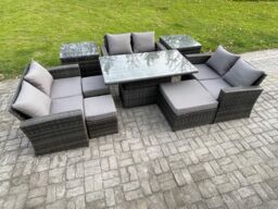 Fimous Wicker PE Rattan Garden Furniture Set Height Adjustable Rising Lifting Table Sofa Dining Set with Double Seat Sofa in Dark Grey - thumbnail 1