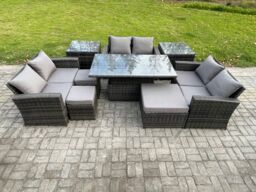 Fimous Wicker PE Rattan Garden Furniture Set Height Adjustable Rising Lifting Table Sofa Dining Set with Double Seat Sofa in Dark Grey - thumbnail 2