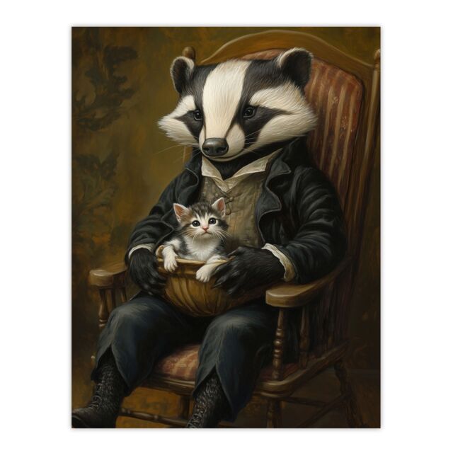 "Artery8 Victorian Animals Fantasy Badger with a Kitten Wall Art Print in Brown - Size: W12"" x H16""" - image 1