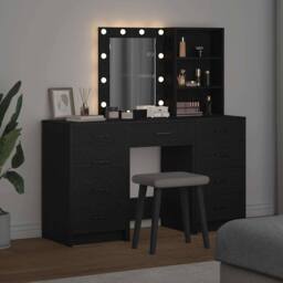 Berkfield Home 3-Piece Dressing Table Set with LED in Black Engineered Wood - thumbnail 4