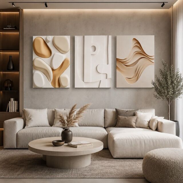 "Mafett Set of 3 Beige Abstract Canvas Wall Art Modern Neutral Prints - Size: W18"" x H24""" - image 1