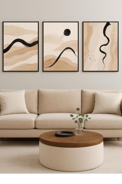 Mafett Set of 3 Abstract Neutral Brushstroke Wall Art Framed - Size: A2
