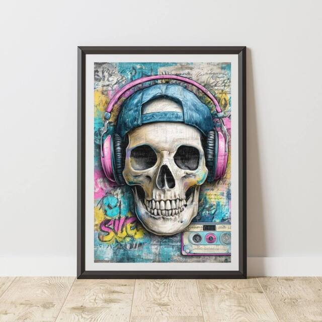 60 SECOND MAKEOVER Skull Headphones Graffiti Print Urban Street Art Poster Junk Journal - Size: A4 - image 1