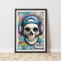 60 SECOND MAKEOVER Skull Headphones Graffiti Print Urban Street Art Poster Junk Journal - Size: A4 - thumbnail 1