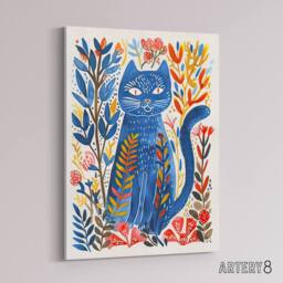 "Artery8 Russian Blue Cat Lover Folk Art Canvas Wall Art Print - Size: W18"" x H24""" - thumbnail 2