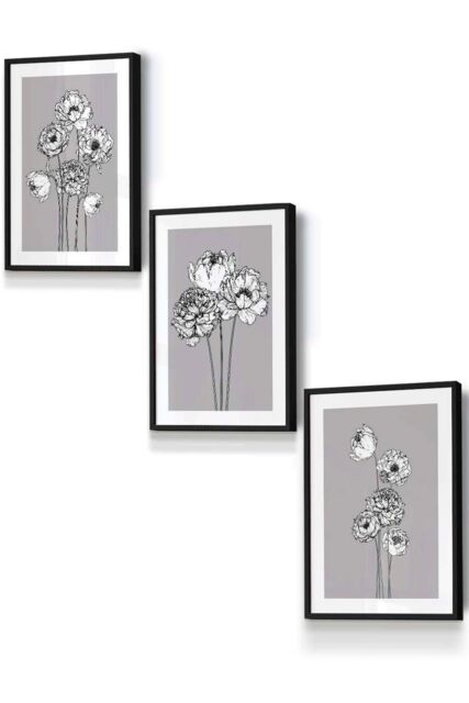 ARTZE Sketch Art Peonies on Grey Framed Wall Art - Small in Black - Size: W33 cm x H45 cm x D20mm - image 1