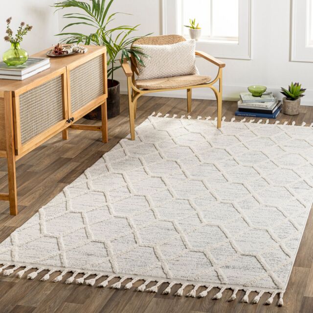 Livabliss Nora-Geometric Grey Ivory Brown High Pile Fringe Living Dining Bedroom Rug - Size: 160 cm x 215 cm - image 1