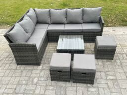 Fimous 9 Seater Outdoor Garden Furniture Set Wicker PE Rattan Corner Sofa Set with Square Coffee Table 3 Footstools Dark Grey Mixed - thumbnail 2