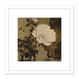 Artery8 Zeshin Peonies Flower Japan Laquer Painting 8X8 Inch Square Wooden Framed Wall Art Print Picture with Mount in White - thumbnail 1