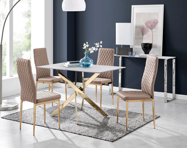 FurnitureboxUK Leonardo White Glass Marble Effect Gold Leg Table & 4 Milan Gold Leg Chairs in Beige - image 1