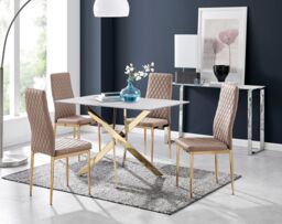 FurnitureboxUK Leonardo White Glass Marble Effect Gold Leg Table & 4 Milan Gold Leg Chairs in Beige