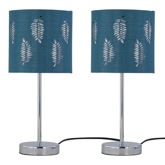 First Choice Lighting Set of 2 Chrome Stick Table Lamps with Teal Fern Cut Out Shades in Silver - image 1