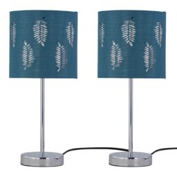 First Choice Lighting Set of 2 Chrome Stick Table Lamps with Teal Fern Cut Out Shades in Silver