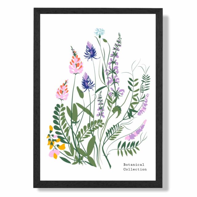 ARTZE Blue & Purple Wild Flowers Flower Market Simplicity Framed Print SIZE: A4 with Black Frame in Mid Blue - Size: A3 - image 1