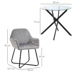 HOMCOM Modern Dining Set Round Glass Table & Velvet Chair Black & Grey - thumbnail 3