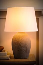 ValueLights Clint Linen Tapered Shade Grey Etched Large Hand Finished Ceramic Table Lamp in Mid Grey - thumbnail 2