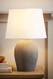 ValueLights Clint Linen Tapered Shade Grey Etched Large Hand Finished Ceramic Table Lamp in Mid Grey