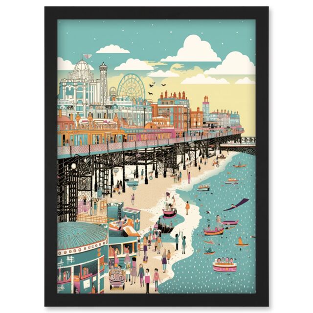 Artery8 Brighton Beach Pier & Sandy Summer Scene Artwork Framed Wall Art Print A4 in Black - image 1