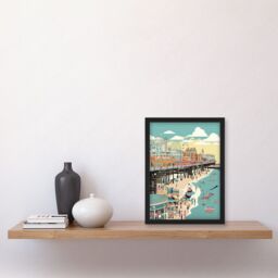 Artery8 Brighton Beach Pier & Sandy Summer Scene Artwork Framed Wall Art Print A4 in Black - thumbnail 2