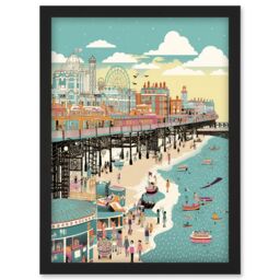 Artery8 Brighton Beach Pier & Sandy Summer Scene Artwork Framed Wall Art Print A4 in Black - thumbnail 1
