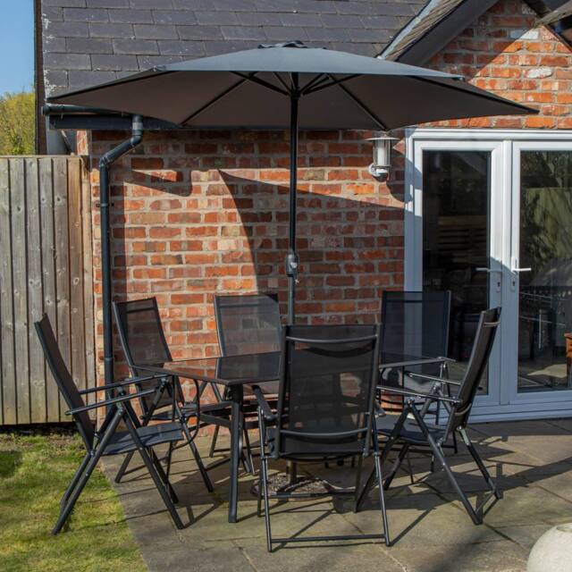 Samuel Alexander Outdoor 6 Person Glass Top Table Chairs, Havana Parasol & Base Set in Grey - image 1