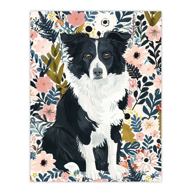 "Artery8 Border Collie Dog Lover Pink Floral Portrait Wall Art Print - Size: W24"" x H32""" - image 1