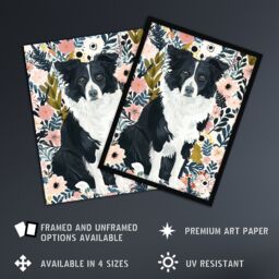 "Artery8 Border Collie Dog Lover Pink Floral Portrait Wall Art Print - Size: W24"" x H32""" - thumbnail 2
