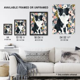"Artery8 Border Collie Dog Lover Pink Floral Portrait Wall Art Print - Size: W24"" x H32""" - thumbnail 3